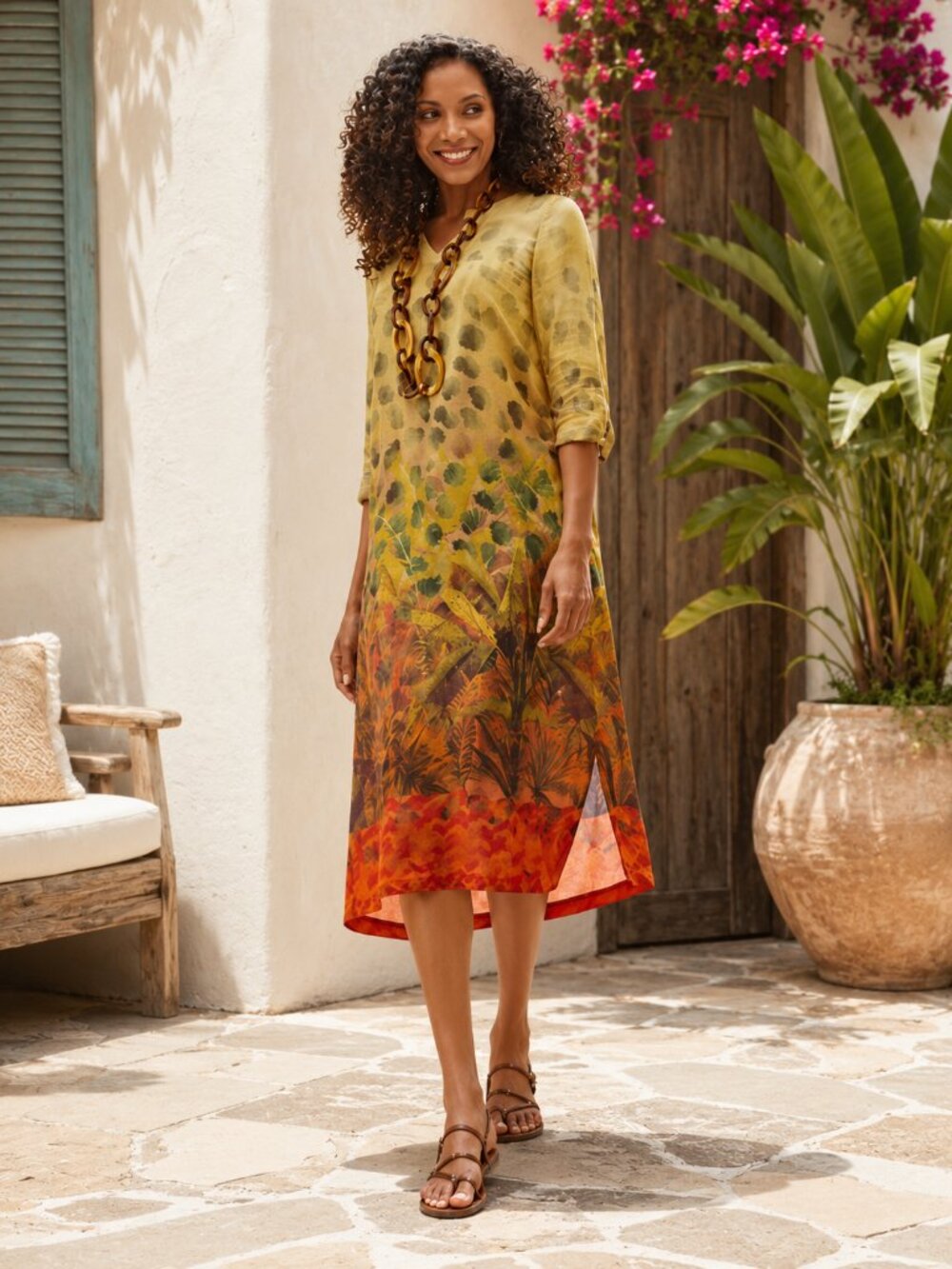 Soft Surrounding Boho Botanical Print Tunic Midi Dress Sz L